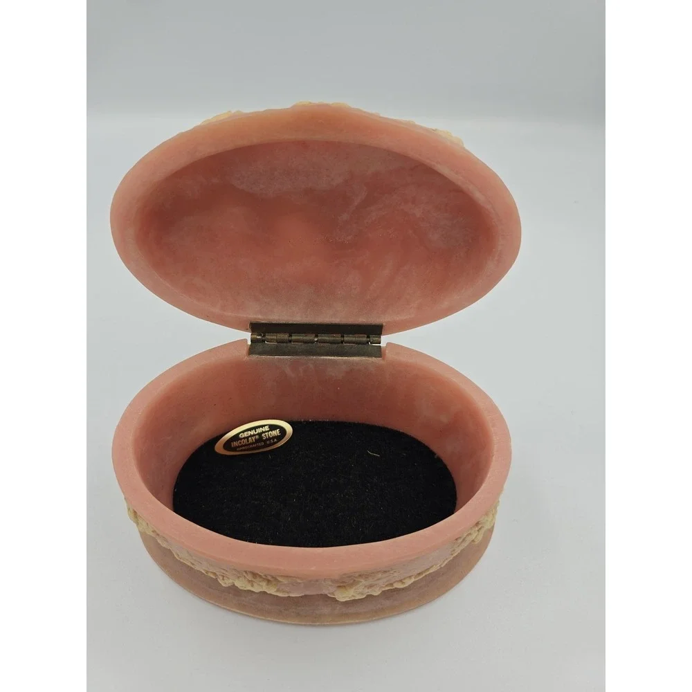 Vintage Incolay Stone Pink Box Victorian Scene Handcrafted USA Jewelry Floral